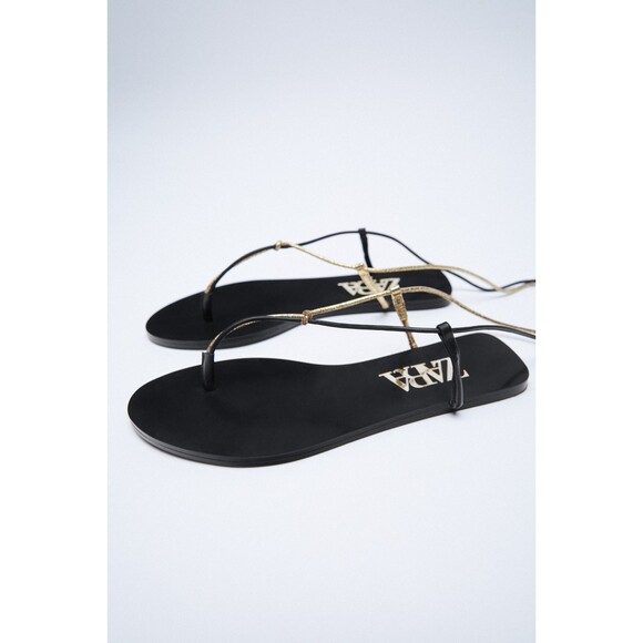 Black Gold Metallic Zara Strappy Gladiator Round Open-Toe Flat
